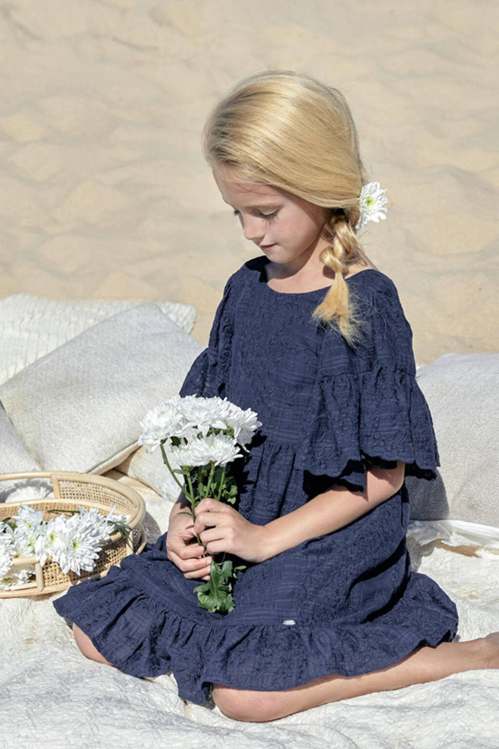Dress - Cotton gauze Embroidered Navy