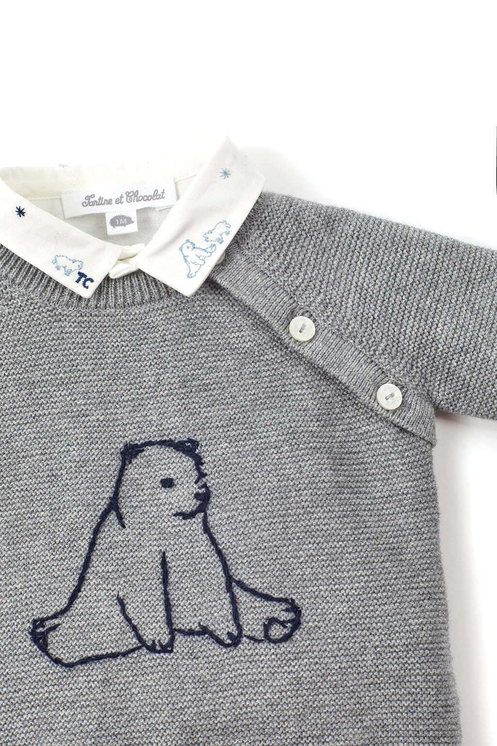 Pull - Gris chiné broderie ours