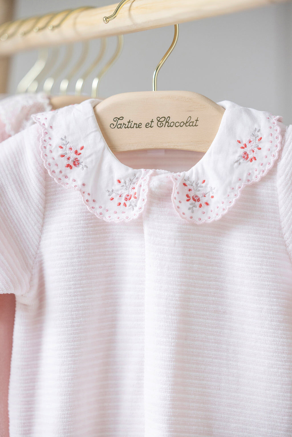 Pyjamas - Pale pink Velvet Stripes Collar Embroidered