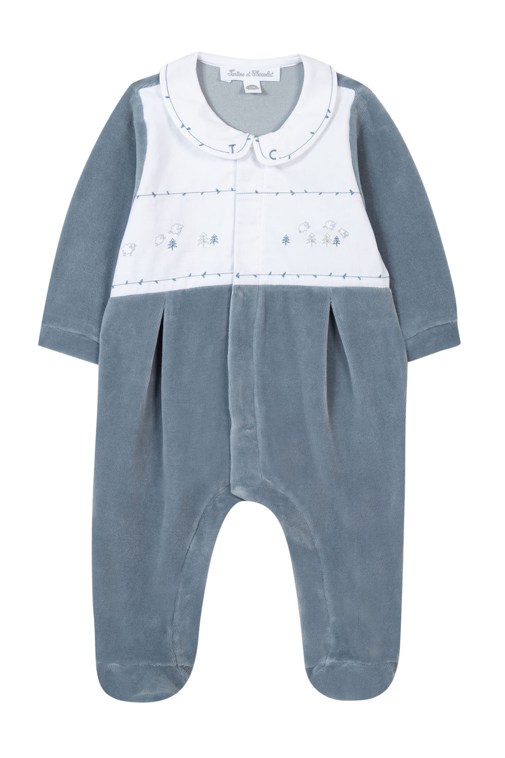 Pyjama - Bleu velours plastron brodé