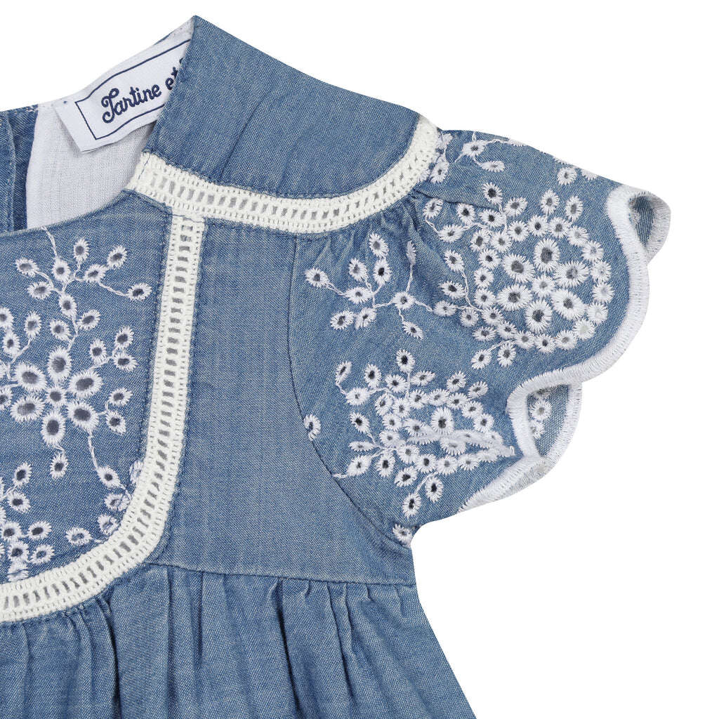 Robe - chambray à  broderies anglaises blanches