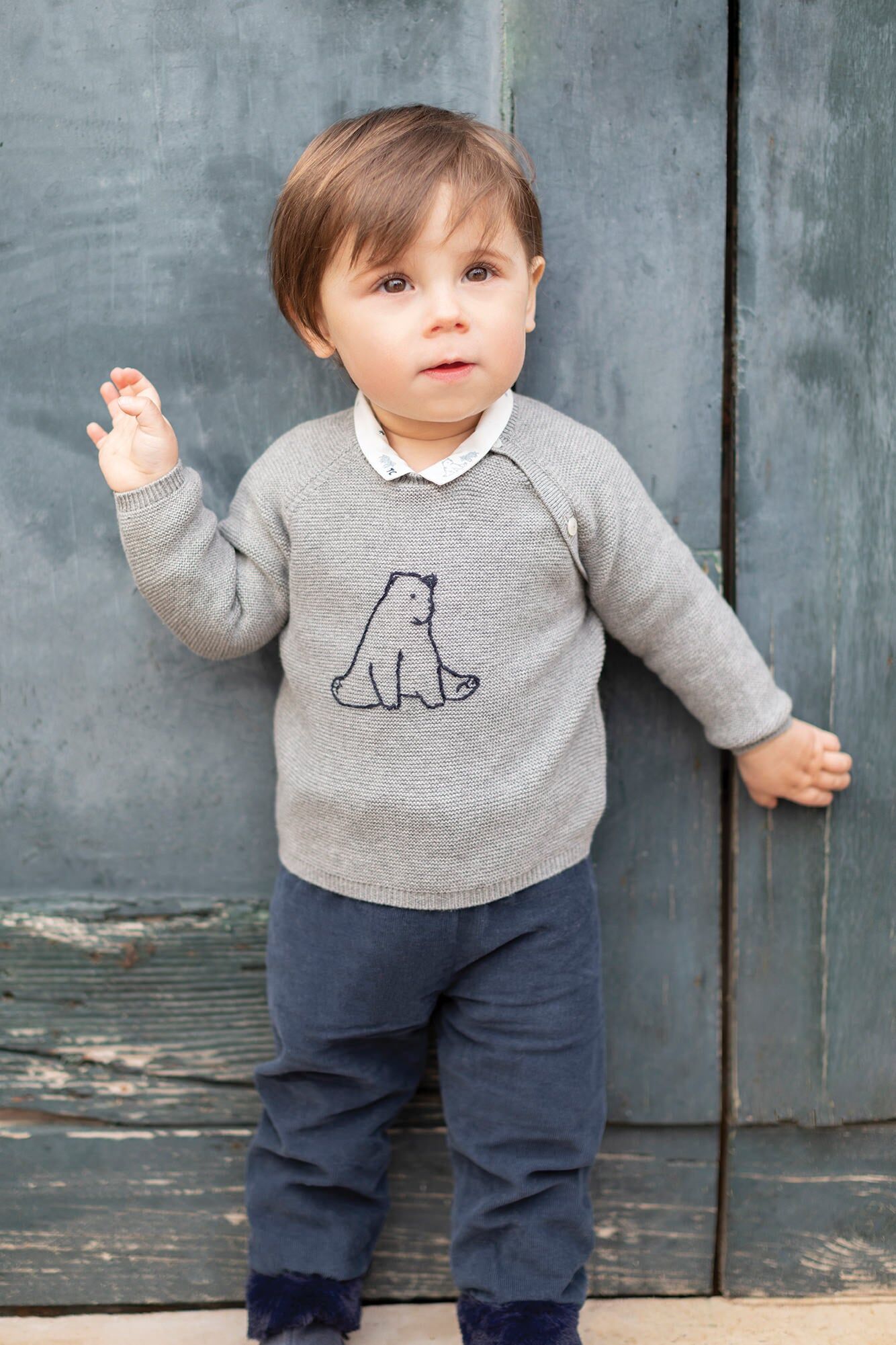 Pull gris chiné tricot avec maxi broderies bébé garçon
